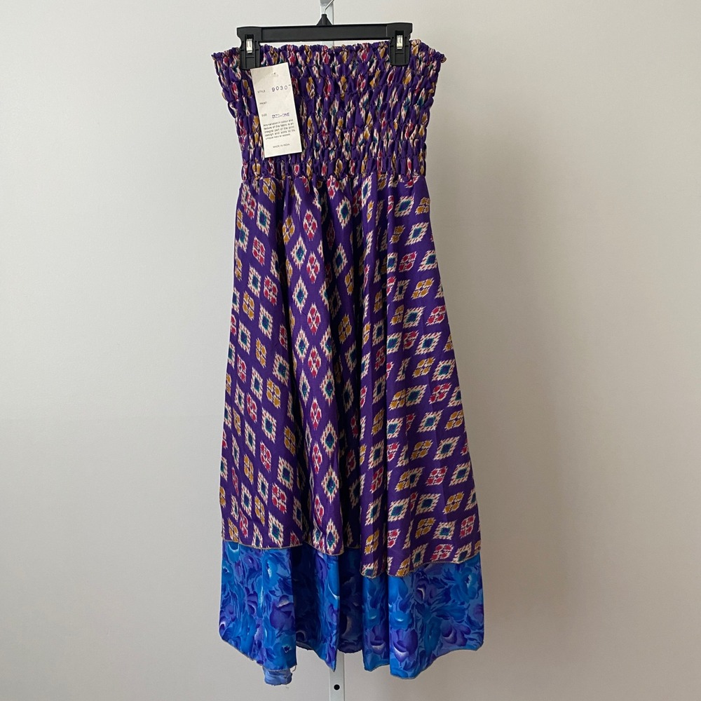 Mamta Boho Fairy Peasant Lagenlook Smocked Ikat Strapless Midi Dress OS Purple